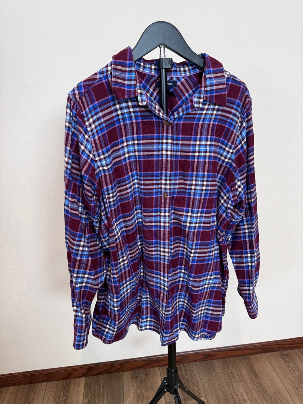 Lands' End Women's Burgundy Plaid Button-Down Shirt with Blue & White Stripes